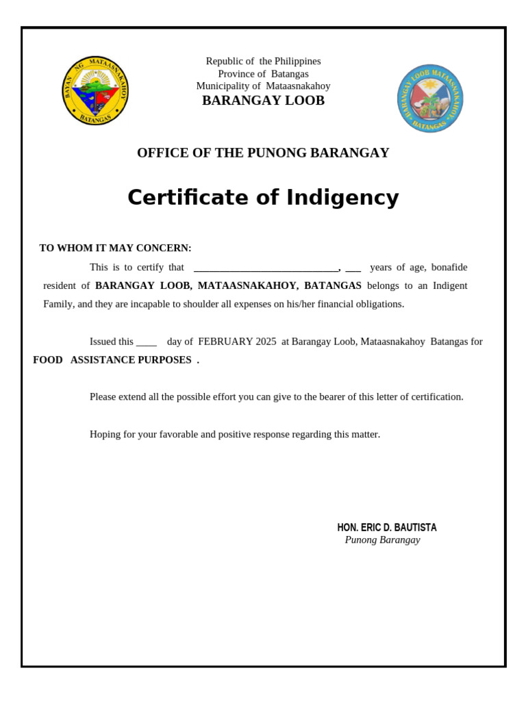 Barangay Certificate of Indigency | PDF