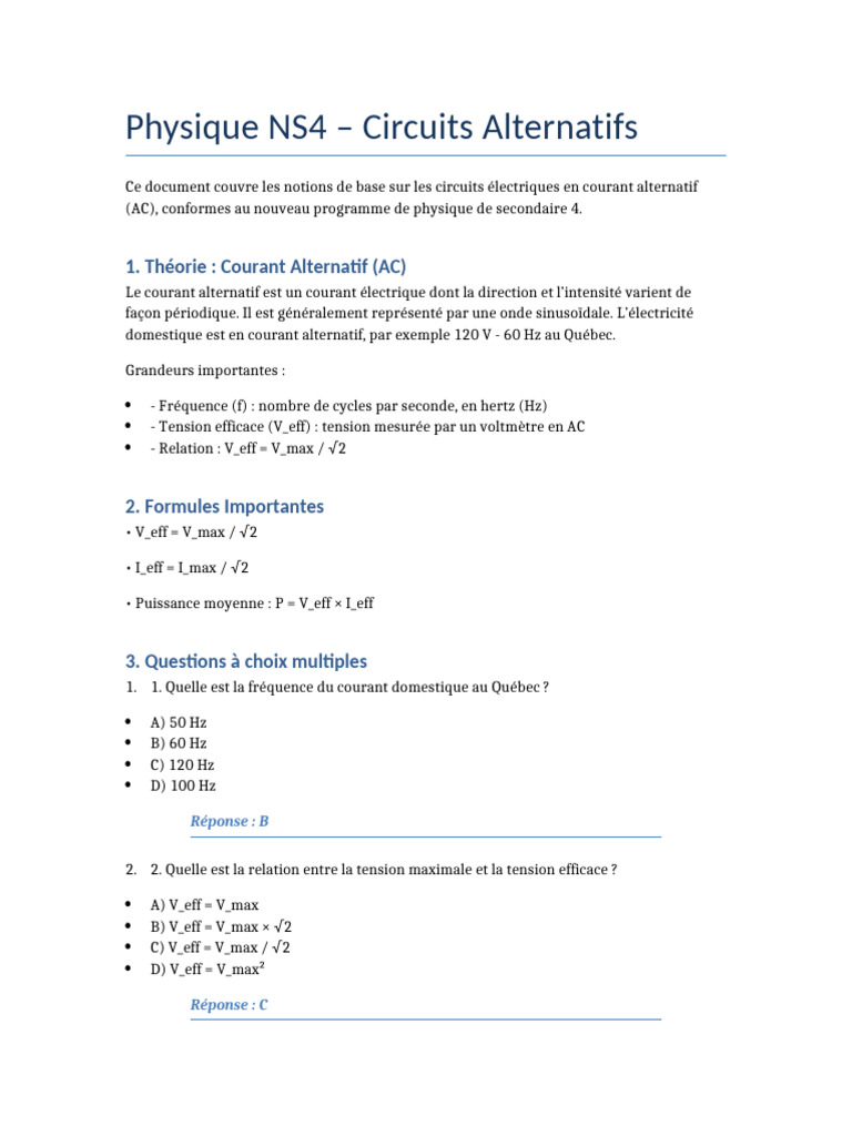 Circuits Alternatifs en Physique NS4 | PDF