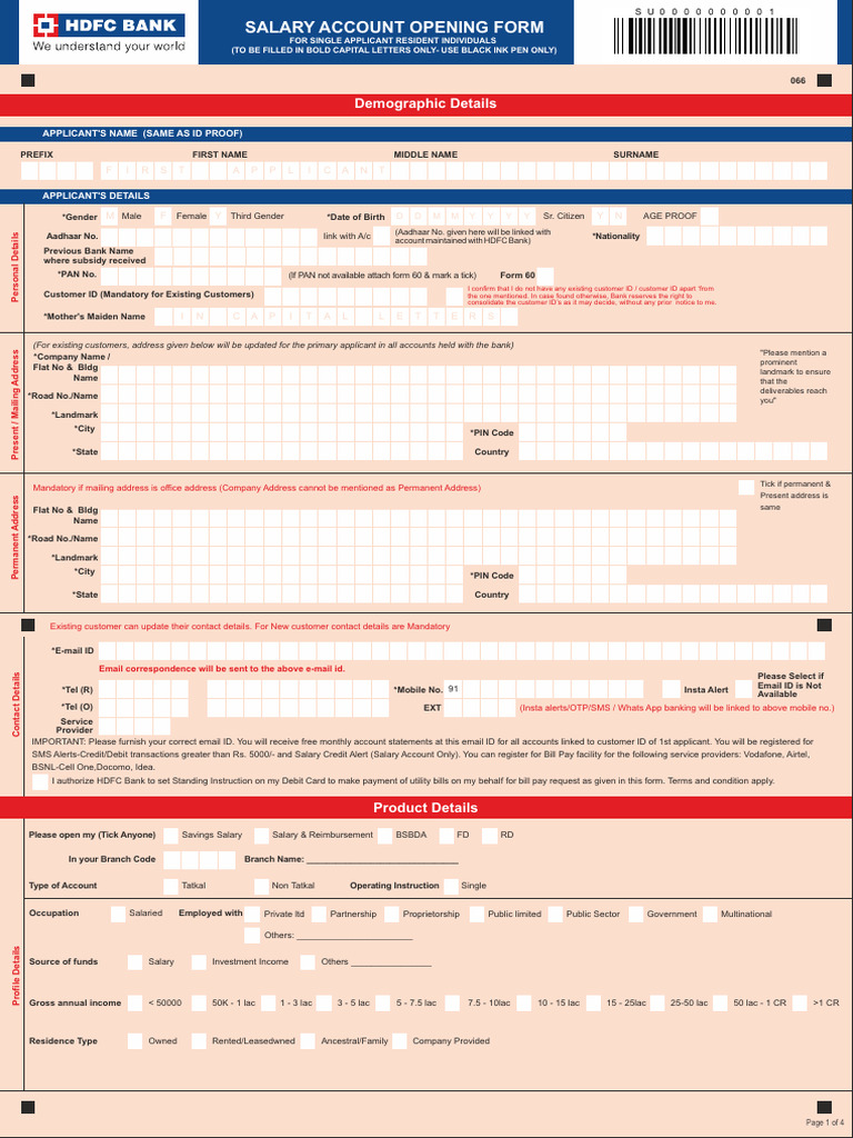 HDFC Salary Account Opening Form | PDF | Identity Document | Banking