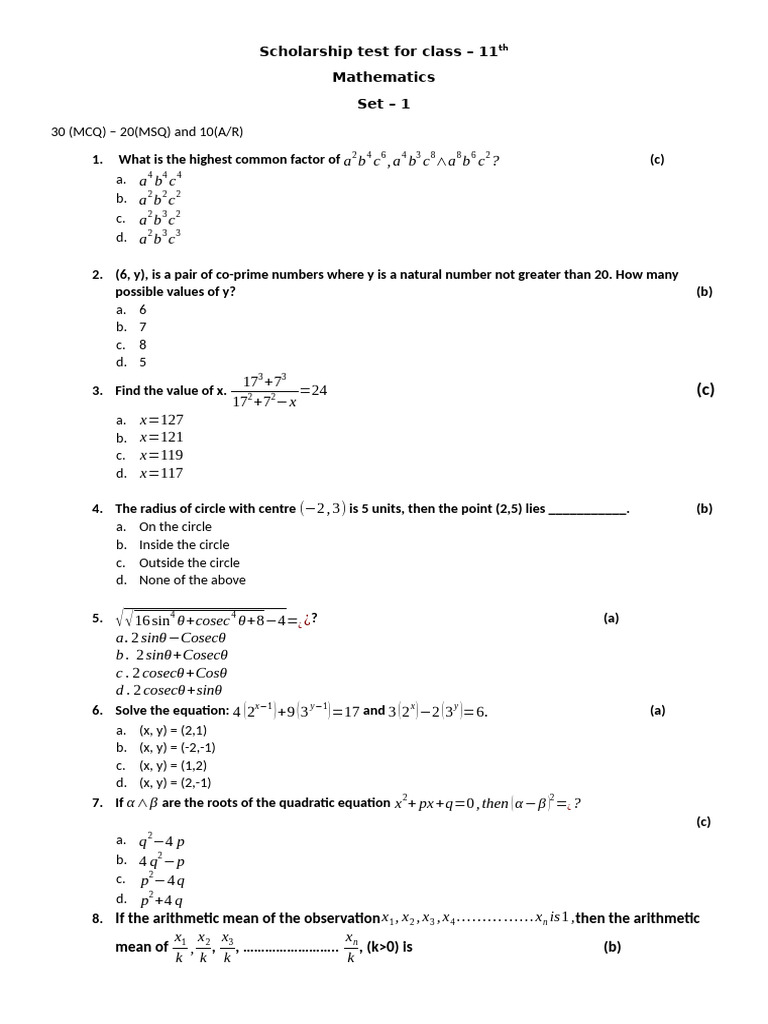 Class 11 Scholarship Test Questions | PDF | Angle | Numbers