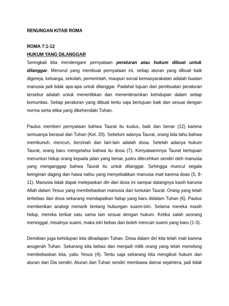 Renungan Kitab Roma: Hukum dan Dosa | PDF