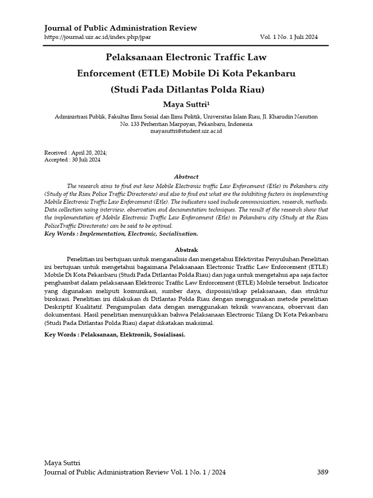 ETLE Mobile di Pekanbaru: Implementasi dan Tantangan | PDF