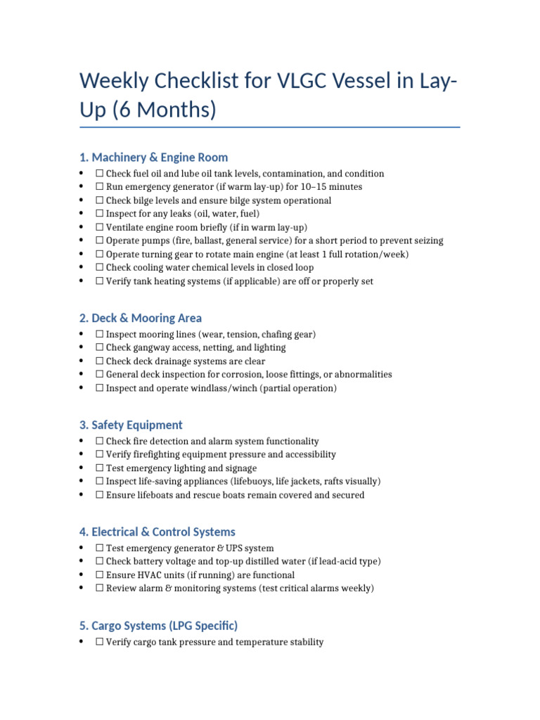 VLGC Lay-Up Weekly Maintenance Checklist | PDF | Water