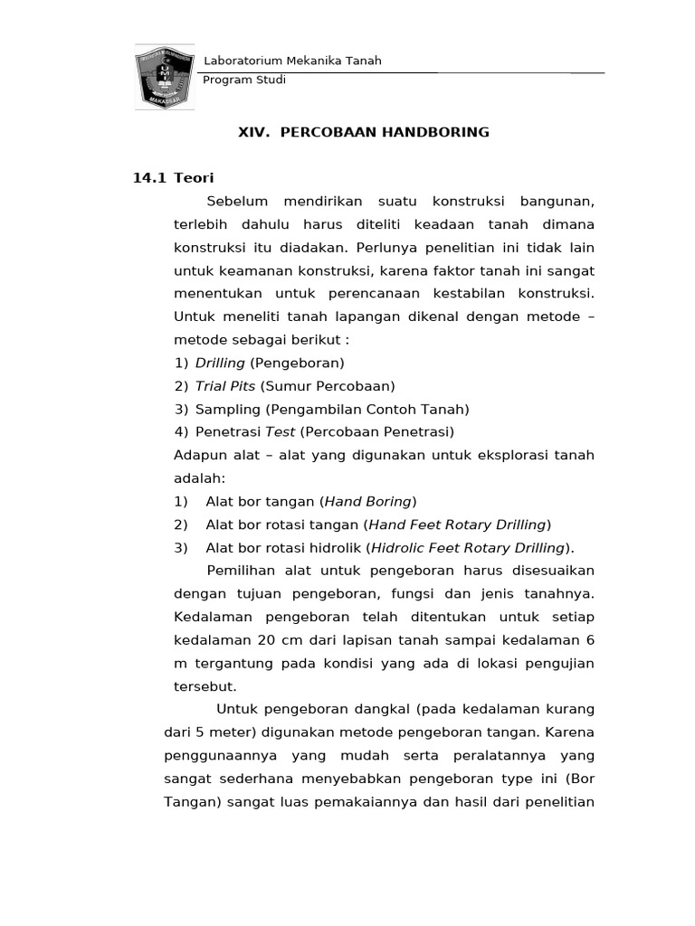 Metode Hand Boring untuk Eksplorasi Tanah | PDF