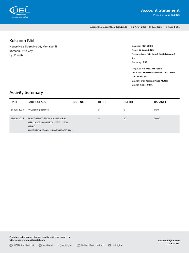 UBL Smart Digital Account Statement | PDF | Banking | Financial Services