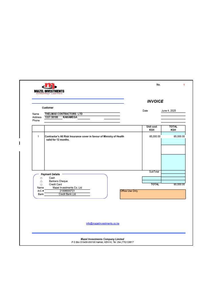Thelmax Contractors Insurance Invoice | PDF