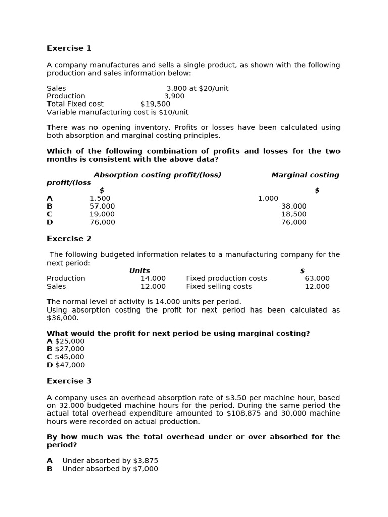 Costing Methods Profit Analysis Exercises | PDF | Economics ...