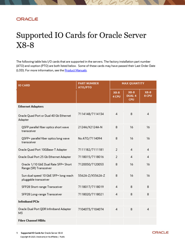 Supported I/O Cards for Oracle X8-8 | PDF | Computer Science | Computer ...
