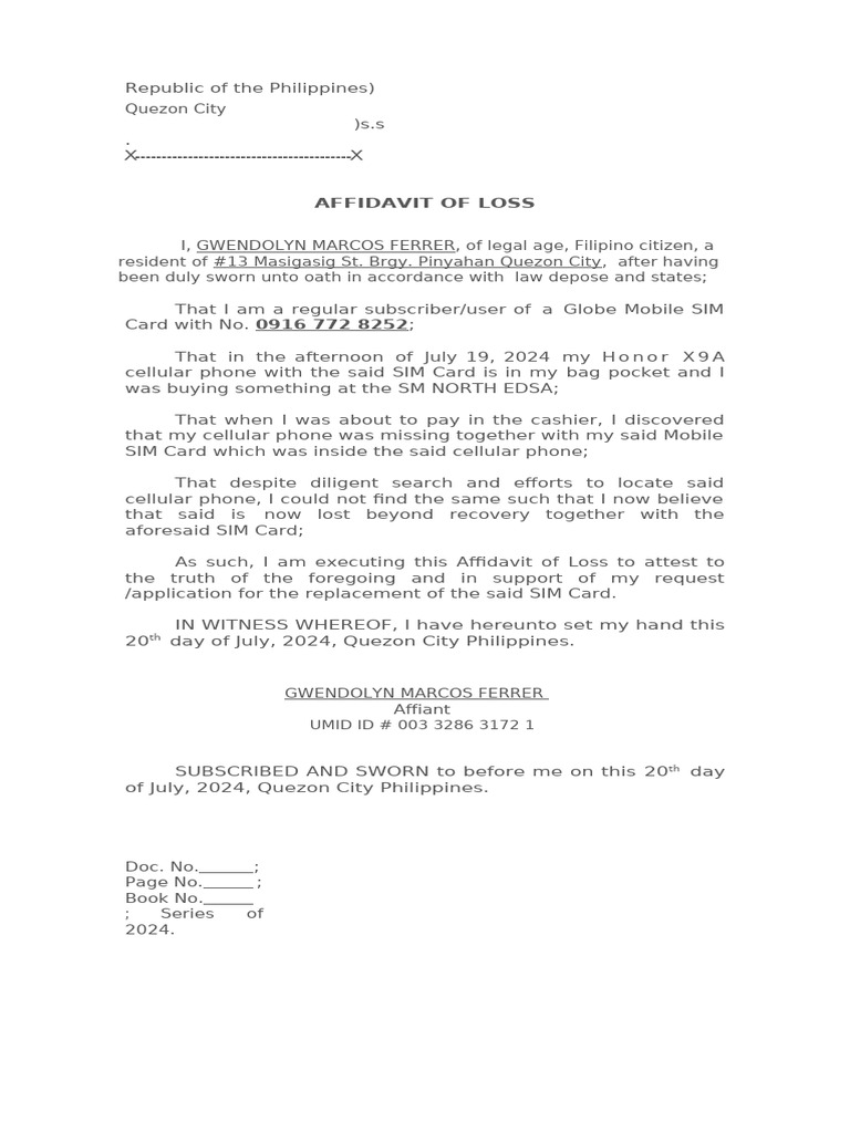 Affidavit of Loss Cellphone and Sim Card | PDF