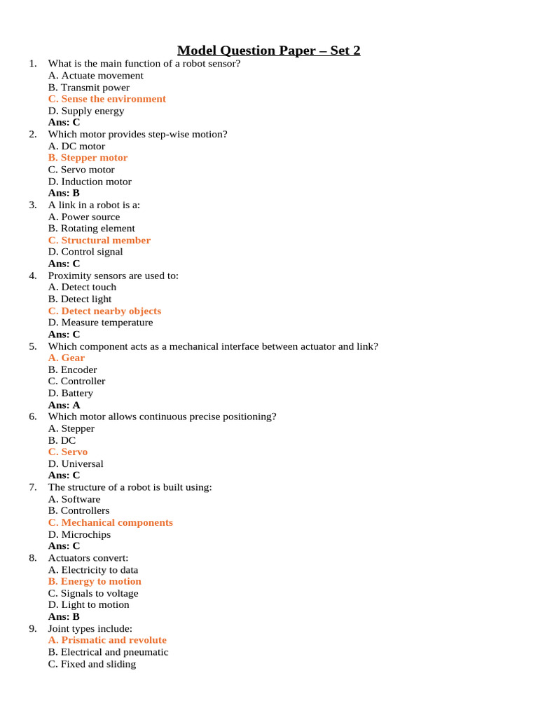Robotics Model Question Paper Set 2 | PDF | Electric Motor | Actuator