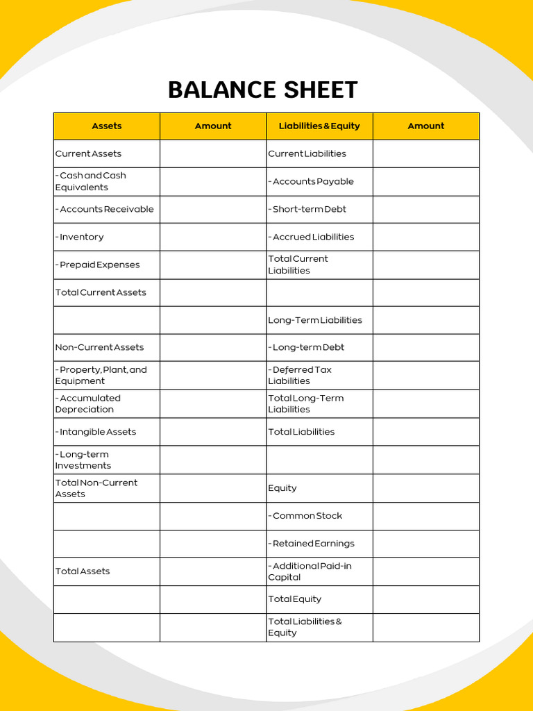 Yellow White Modern Wavy Balance Sheet A4 Document | PDF