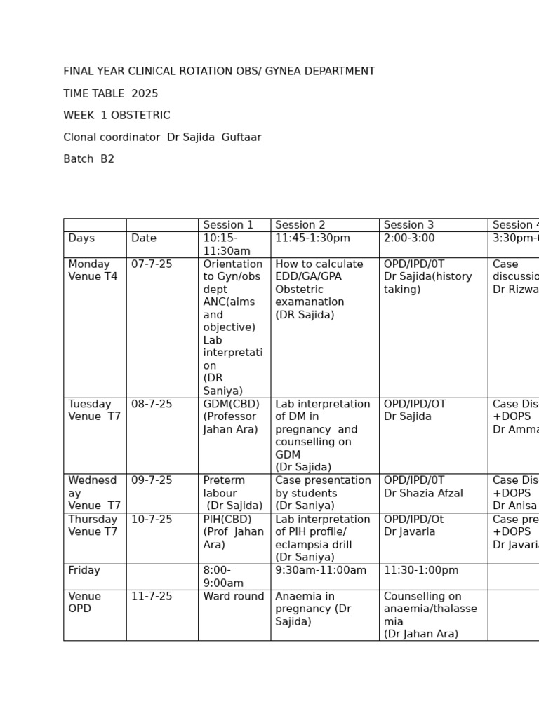 Clinical Rotation Schedule: Obs/Gyn 2025 | PDF