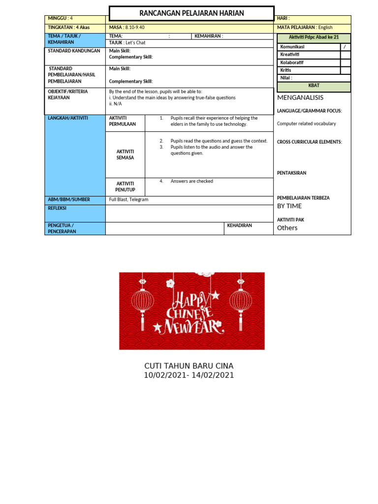 Daily Lesson Plan for English Class | PDF | Human Communication ...