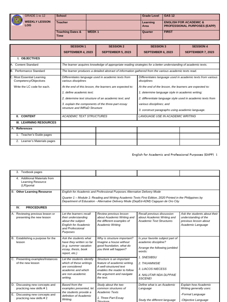 Lesson Plan in English For Academic Purposes Quarter 1 Week 1 | PDF ...
