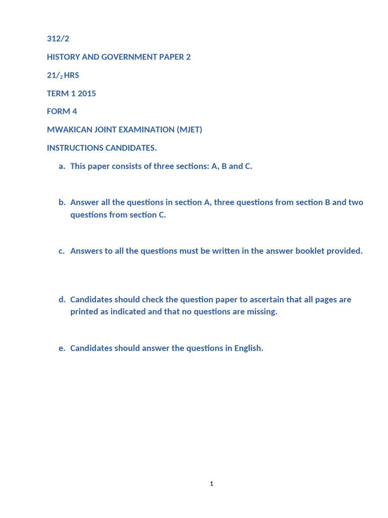 Mid Term Exam History Form Four | PDF