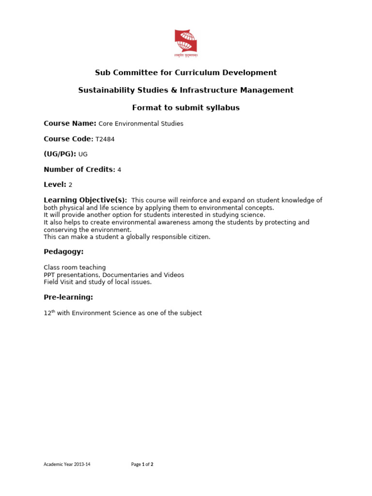 Core Environmental Studies Syllabus | PDF | Biodiversity | Conservation ...
