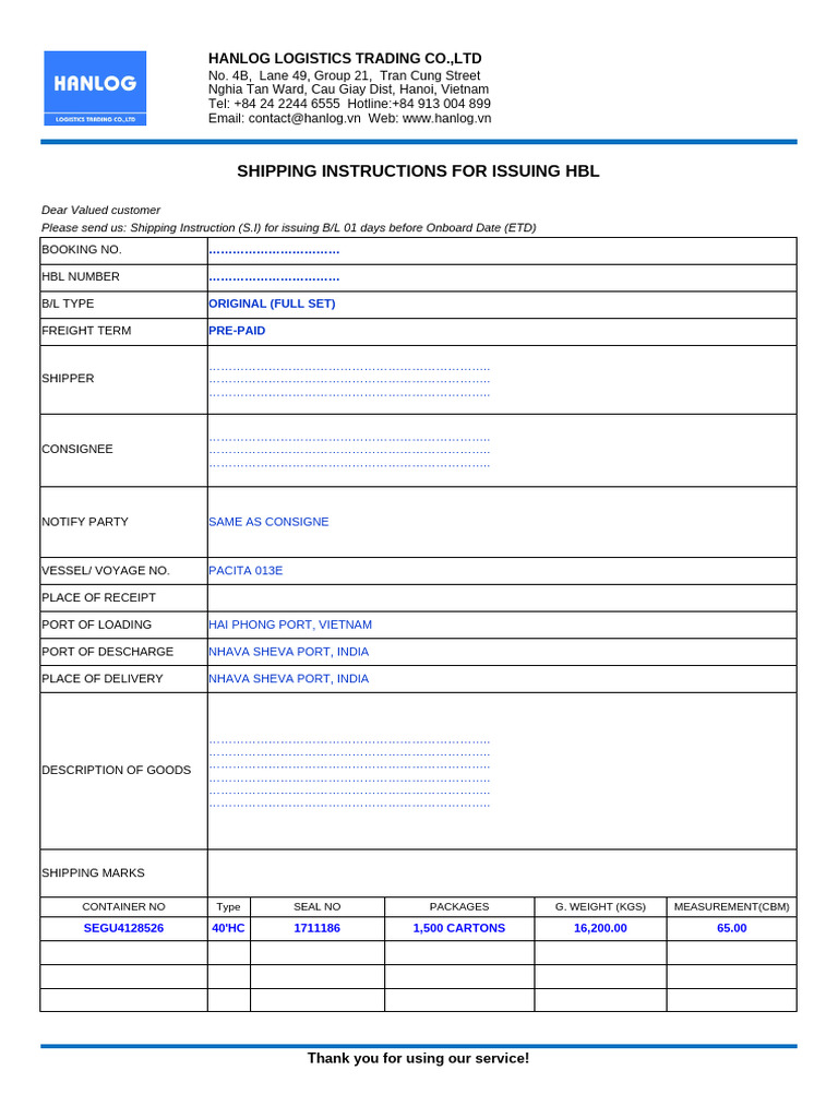 Shipping Instructions for HBL and HAWB | PDF | Shipping | Logistics
