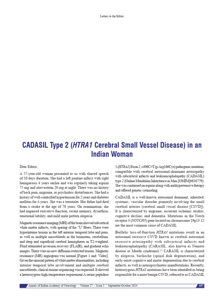 CADASIL Type 2 HTRA1 Cerebral Small Vessel Disease | PDF | Human ...