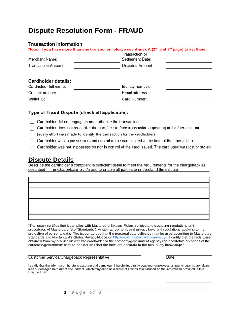 Dispute Resolution Form - Fraud (77337) | PDF | Master Card