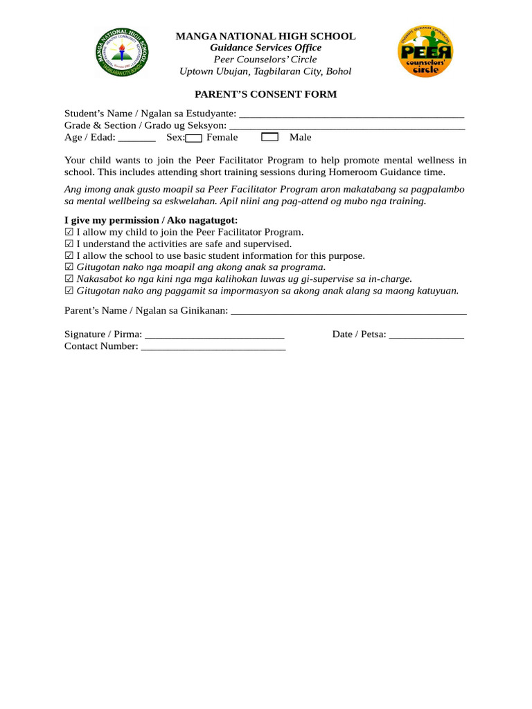 Peer Facilitator Parents Consent | PDF