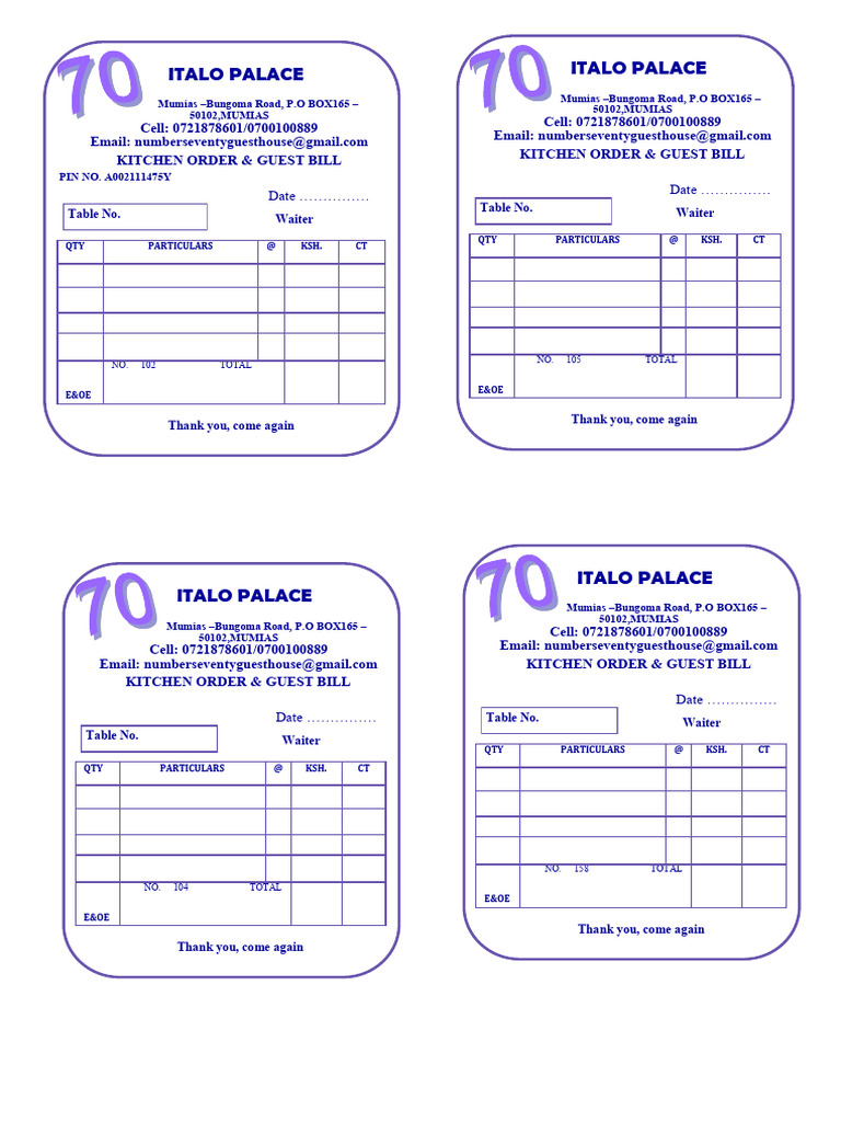 Kitchen Order and Guest Bill Template | PDF