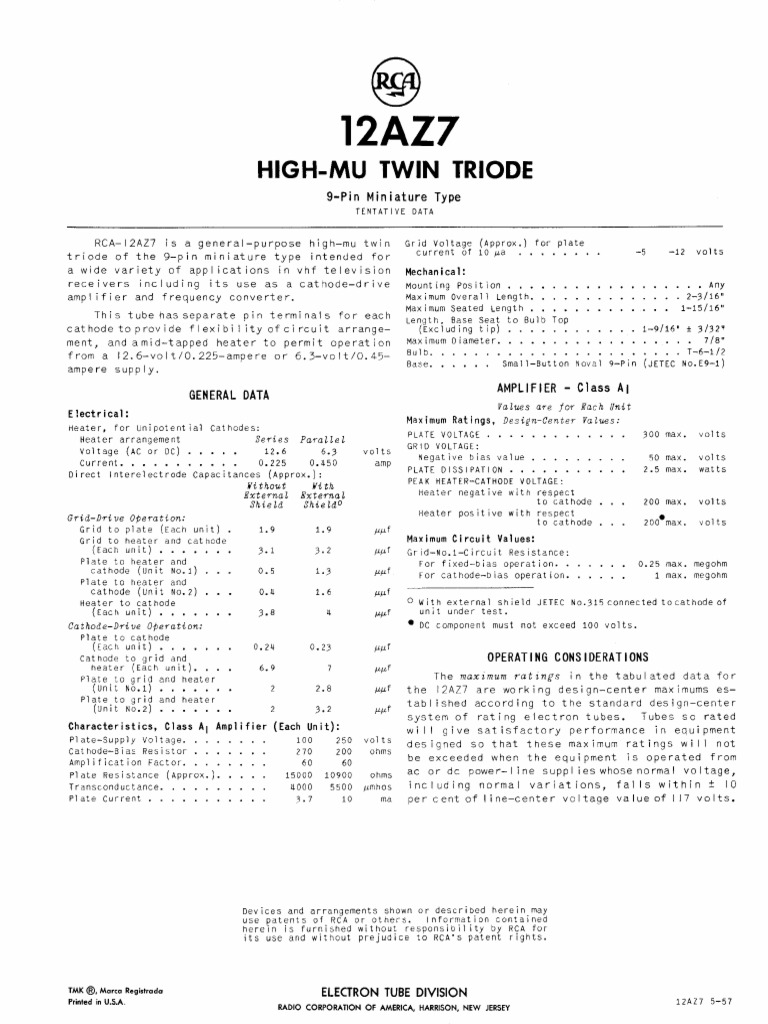 12az7真空管規格表 | PDF