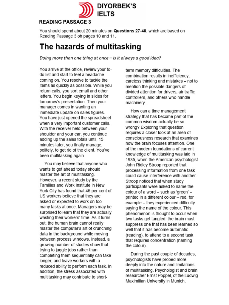 Hazards of Multitasking Explained | PDF | Attention | Brain