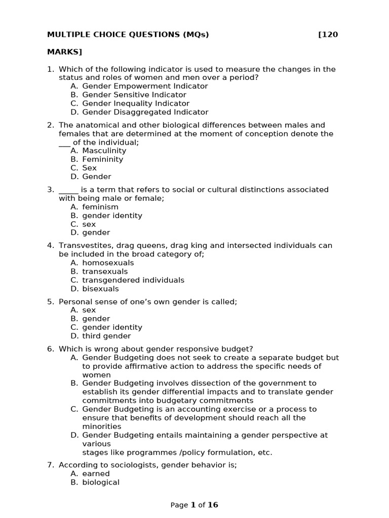 Gender Studies Multiple Choice Questions | PDF | Mental Disorder ...