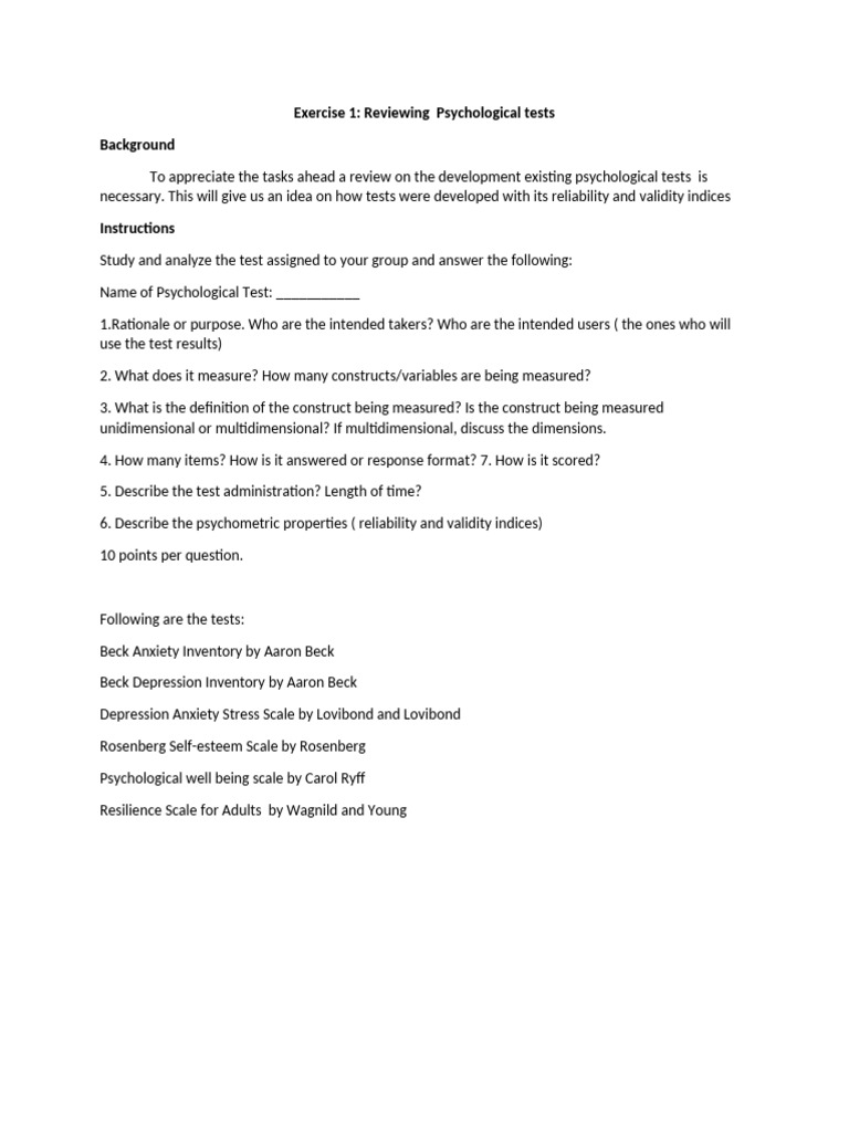 Exercise 1 Reviewing Psychological Tests | PDF