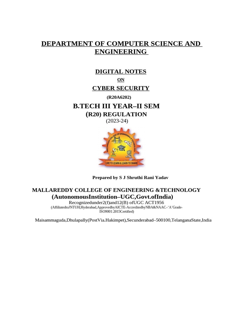 Cyber Security (R20a6202) | PDF | Security | Computer Security