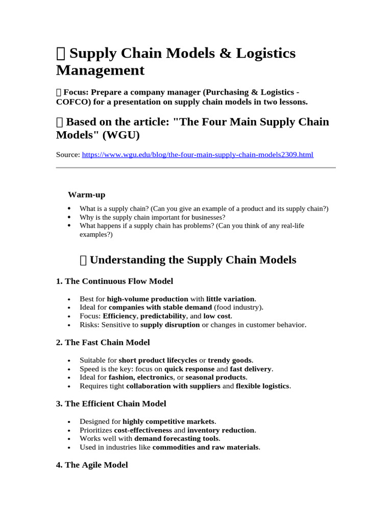 Supply Chain Models for Logistics Managers | PDF | Supply Chain | Logistics