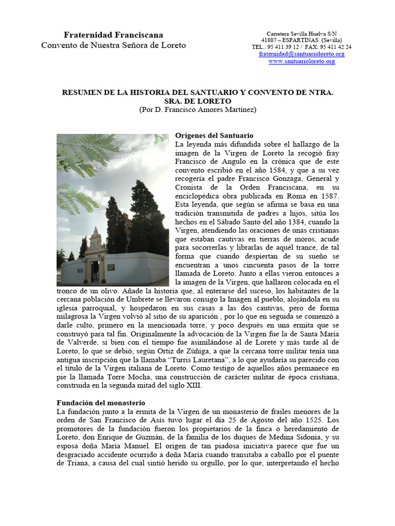 RESUMEN DE LA HISTORIA DEL SANTUARIO Y CONVENTO DE NTRA SRA DE LORETO - 1