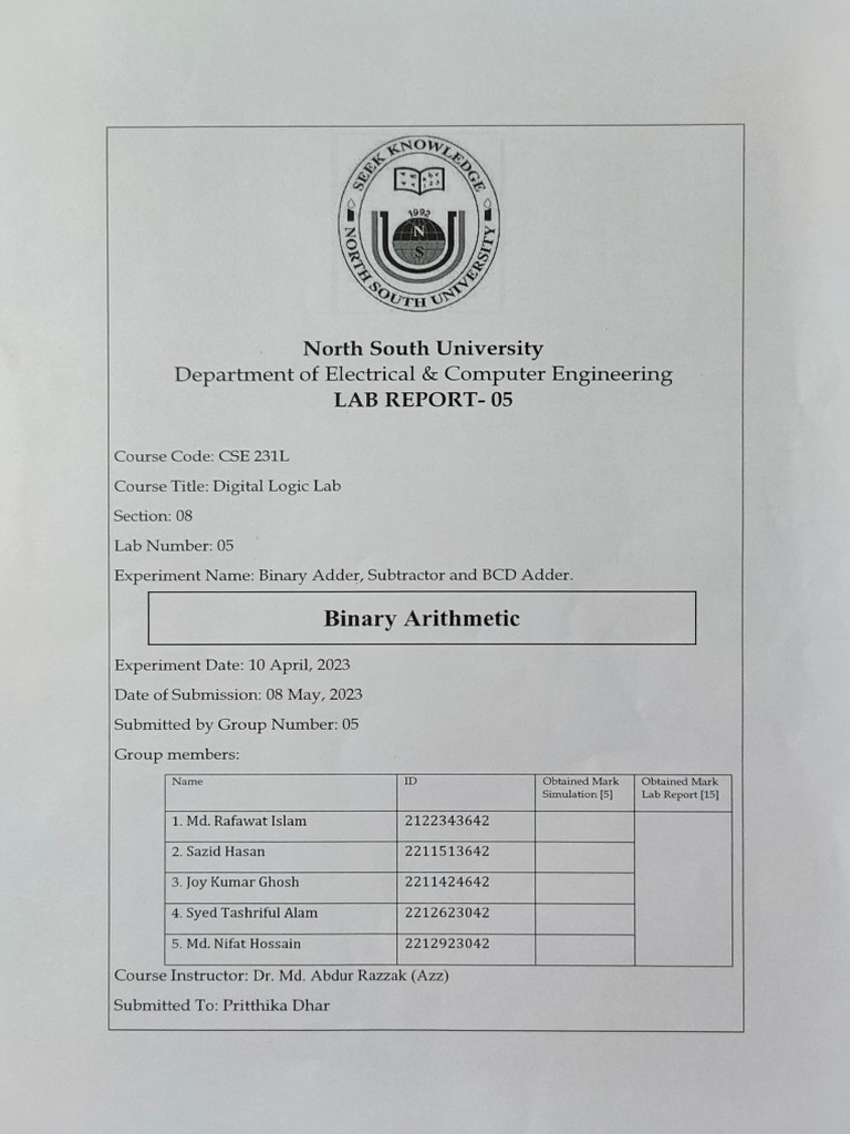 CSE 231L - Lab Report - 5 | PDF | Digital Electronics | Arithmetic