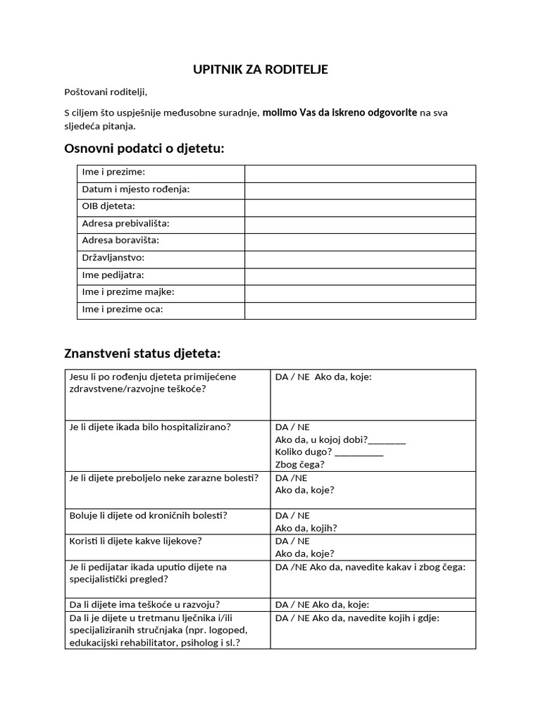 Upitnik Za Roditelje | PDF