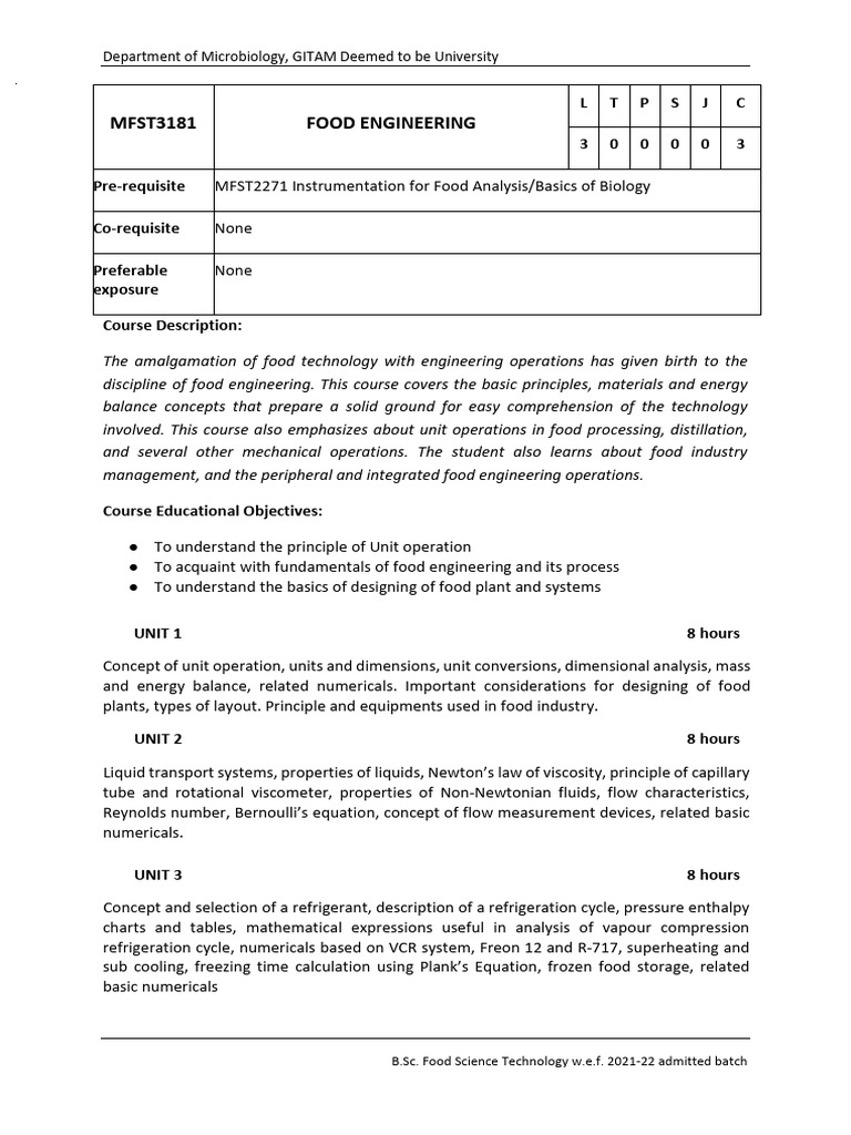 Food Engineering Course Syllabus | PDF | Fluid Dynamics | Heat