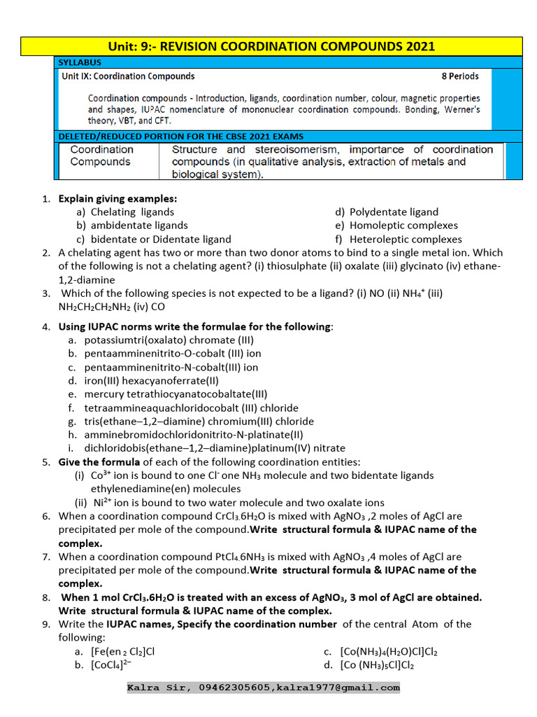 CBSE 2021 Coordination Compounds Guide | PDF | Coordination Complex ...