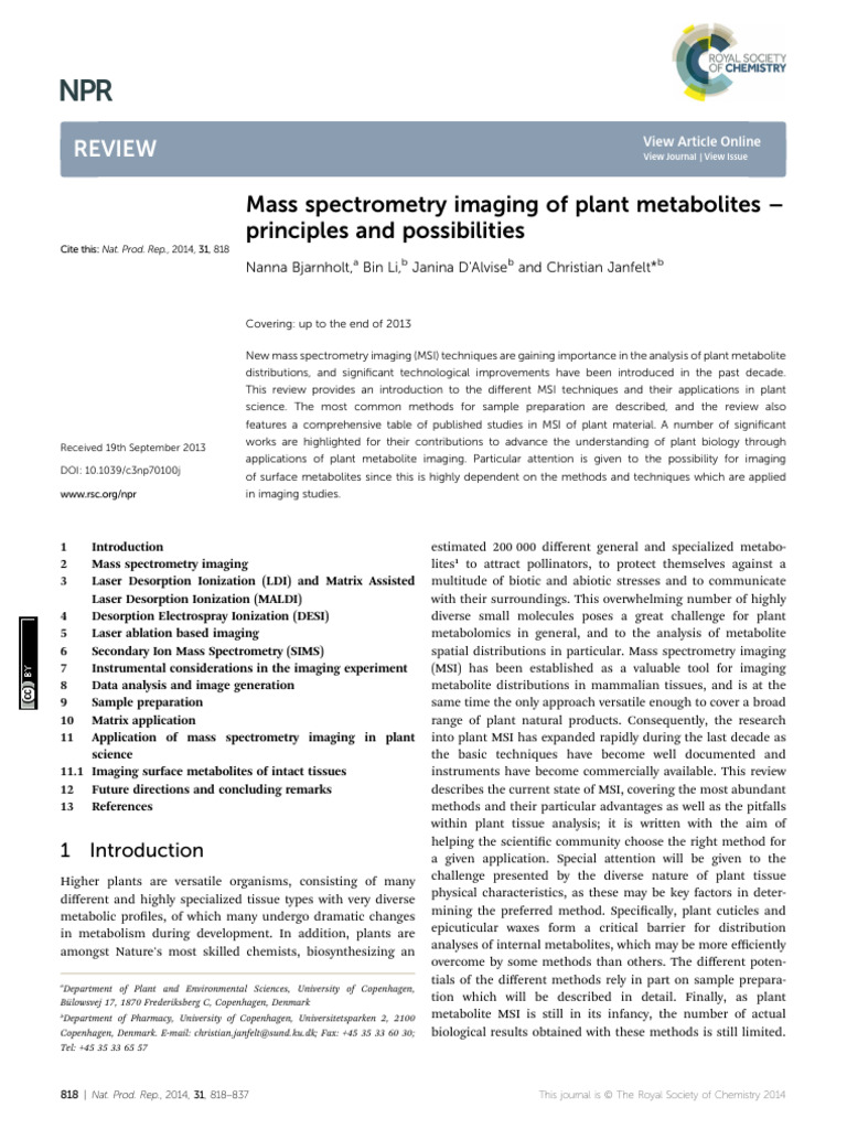 Mass Spectrometry Imaging in Plants | PDF | Metabolomics | Mass ...