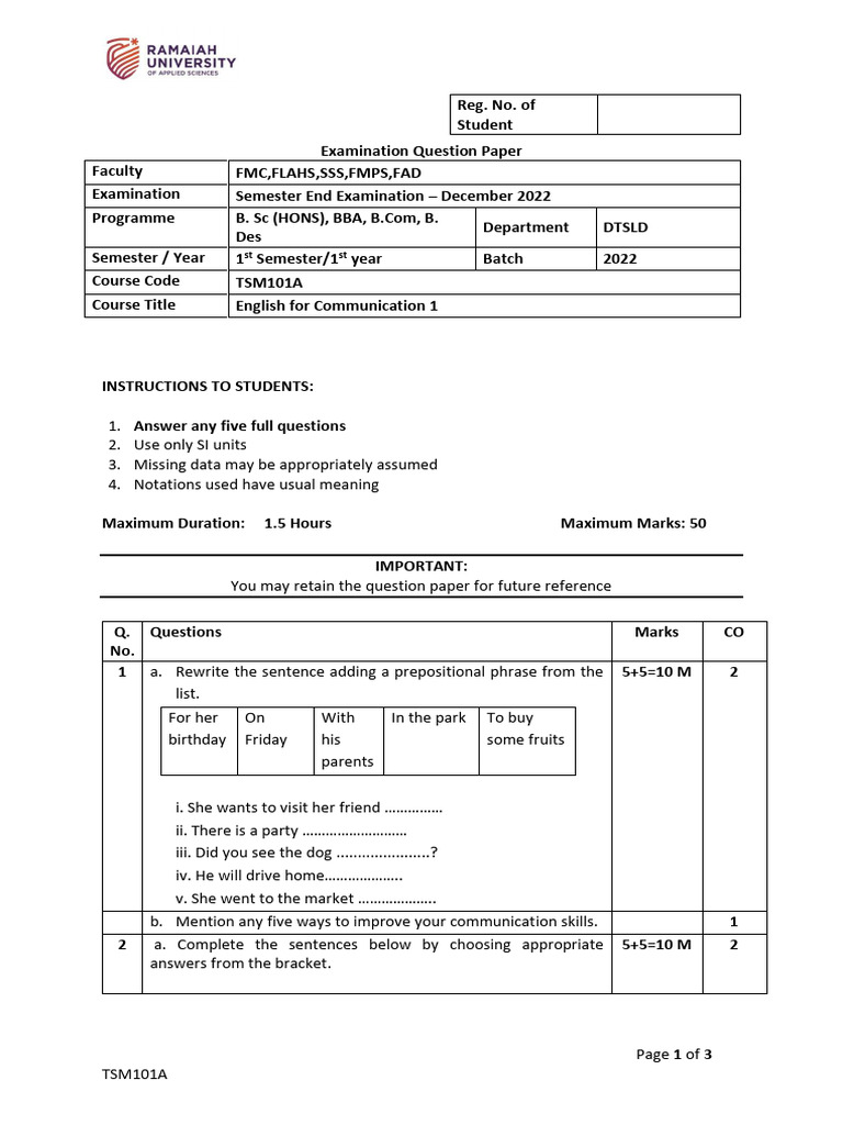 English Communication Exam - TSM101A | PDF | Thought | Happiness
