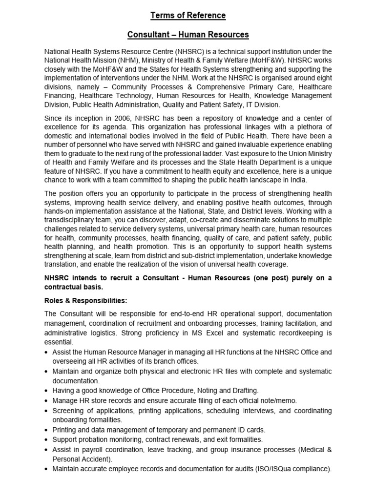 Terms of Refrence, Consultant-Human Resources, NHSRC | PDF | Human ...