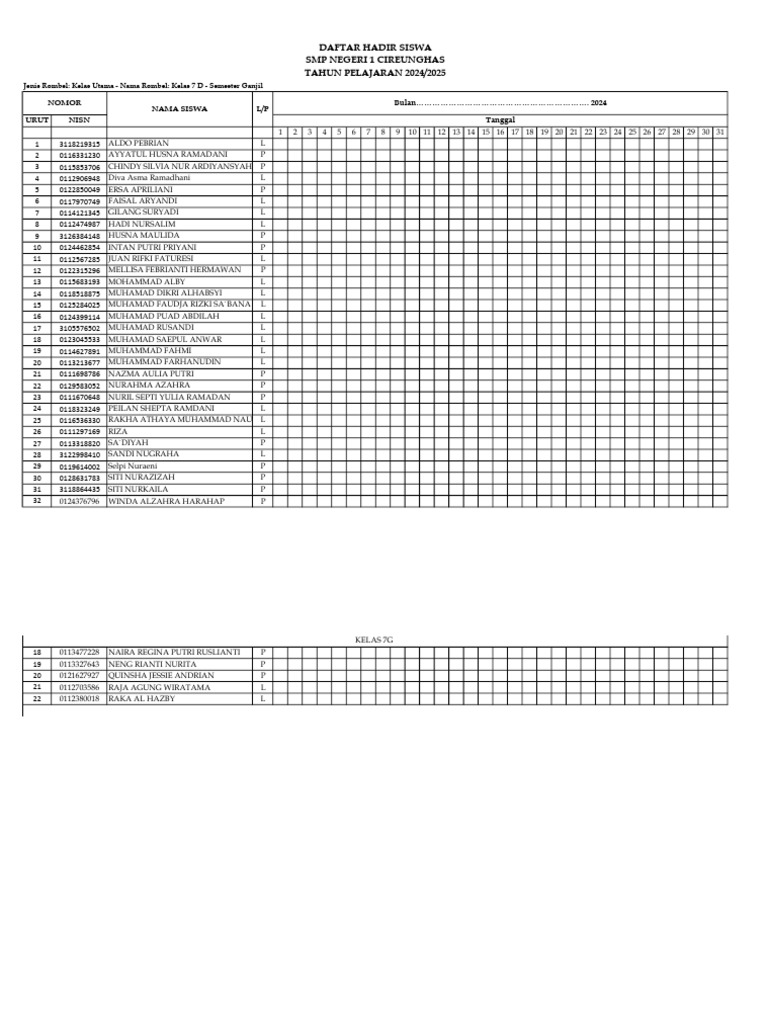 Daftar Hadir Kelas 7 D Semester Ganjil | PDF