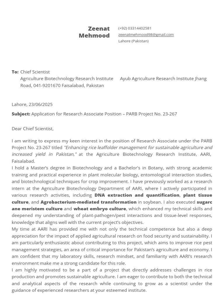 Application for PARB Project Associate | PDF | Biotechnology | Agriculture