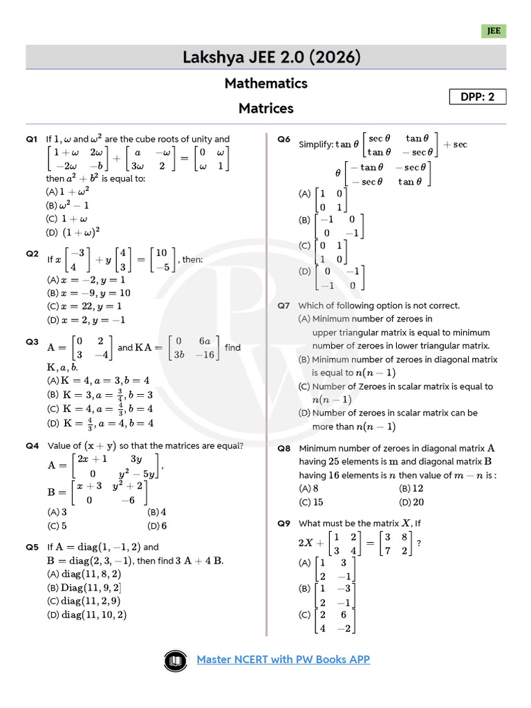 JEE 2025 Mathematics Matrix Questions | PDF | Mathematical Objects ...