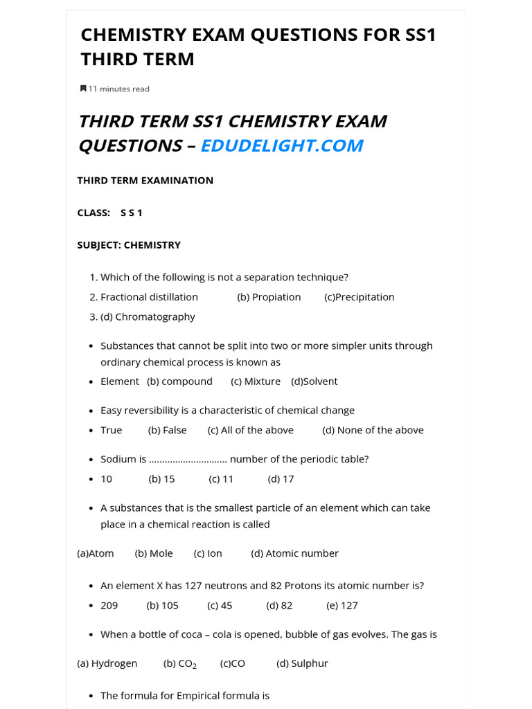 Chemistry Exam Questions For Ss1 Third Term | PDF | Hydroxide | Acid