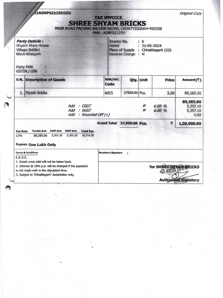 Tax Invoice for Flyash Bricks and Gitti | PDF | Taxation | Government ...