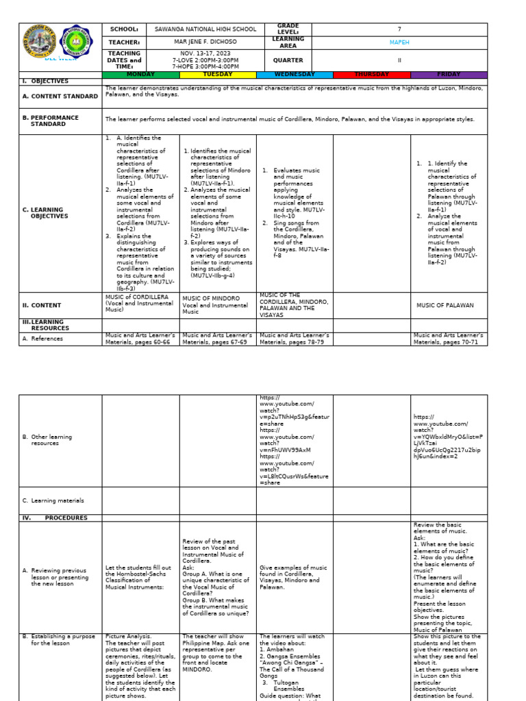 MAPEH Grade 7 Music Lesson Plan | PDF | Singing | Learning