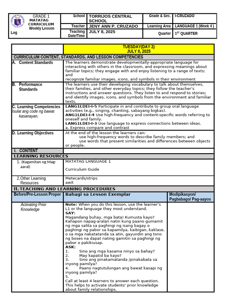 Grade 1 Language Lesson Plan | PDF | Curriculum | Learning