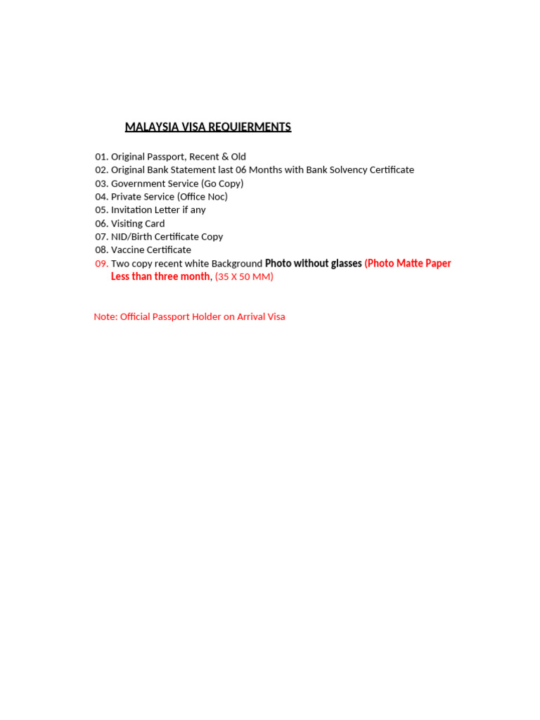 Malaysia Visa Document Requirements | PDF