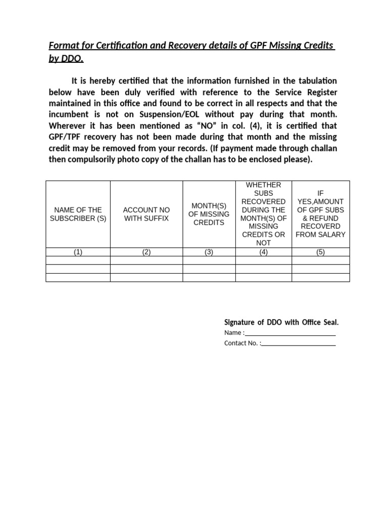 GPF Missing Credits Certification Format | PDF