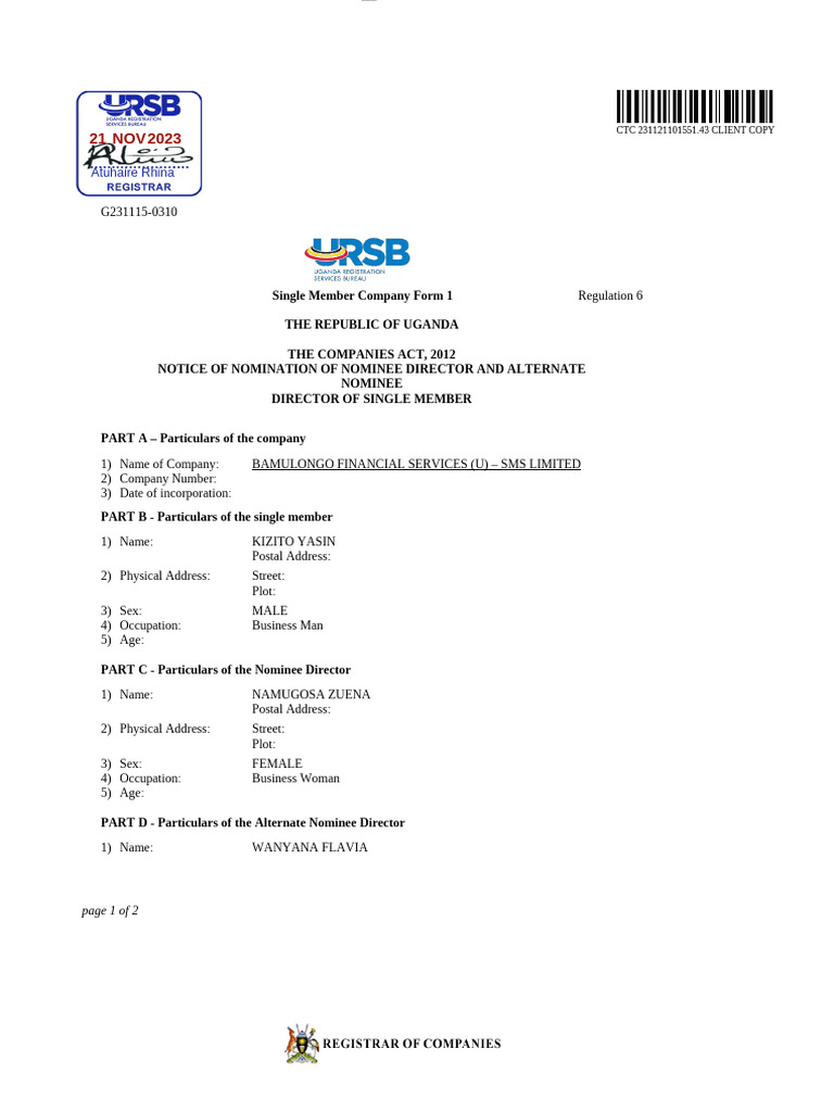 Single Member Company Form 1 Uganda | PDF