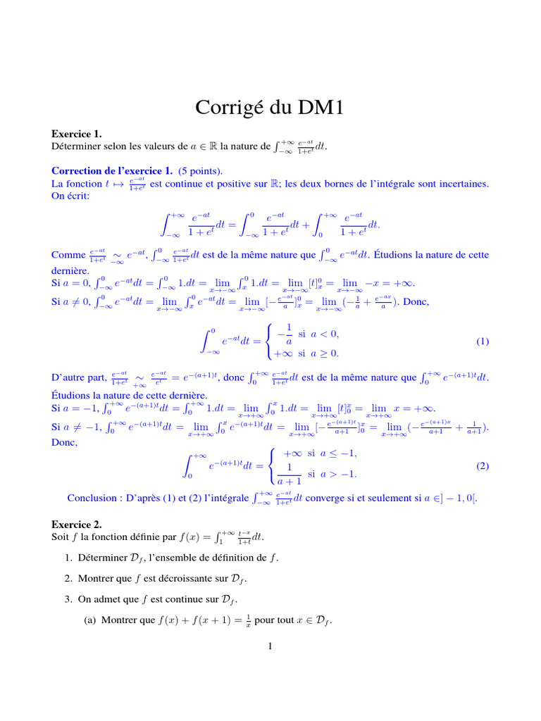 Corrigé DM de Maths 1 | PDF | Limite (mathématiques) | Analyse ...
